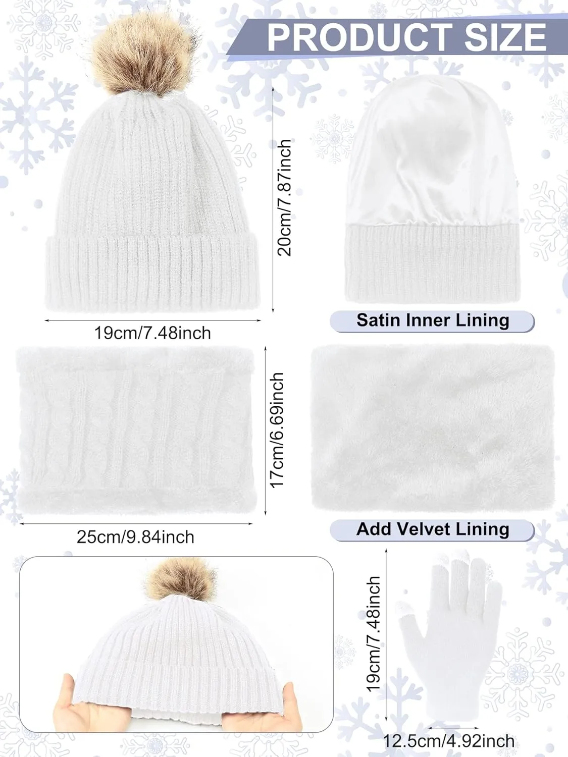 5 Pcs Women Winter Warm Hat and Gloves Scarf Set Knitted Beanie Ski Outing Pompom Hat Winter Ear Warmer Ski Earmuffs Stocking