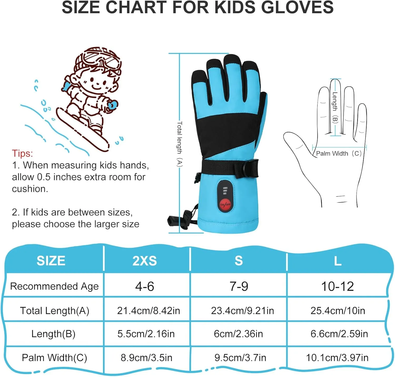 Kids Heated Ski Gloves, 3-Heat Settings, Rechargeable, Water Resistant, Windproof, Ideal for Skiing, Snowball Fights, Cycling