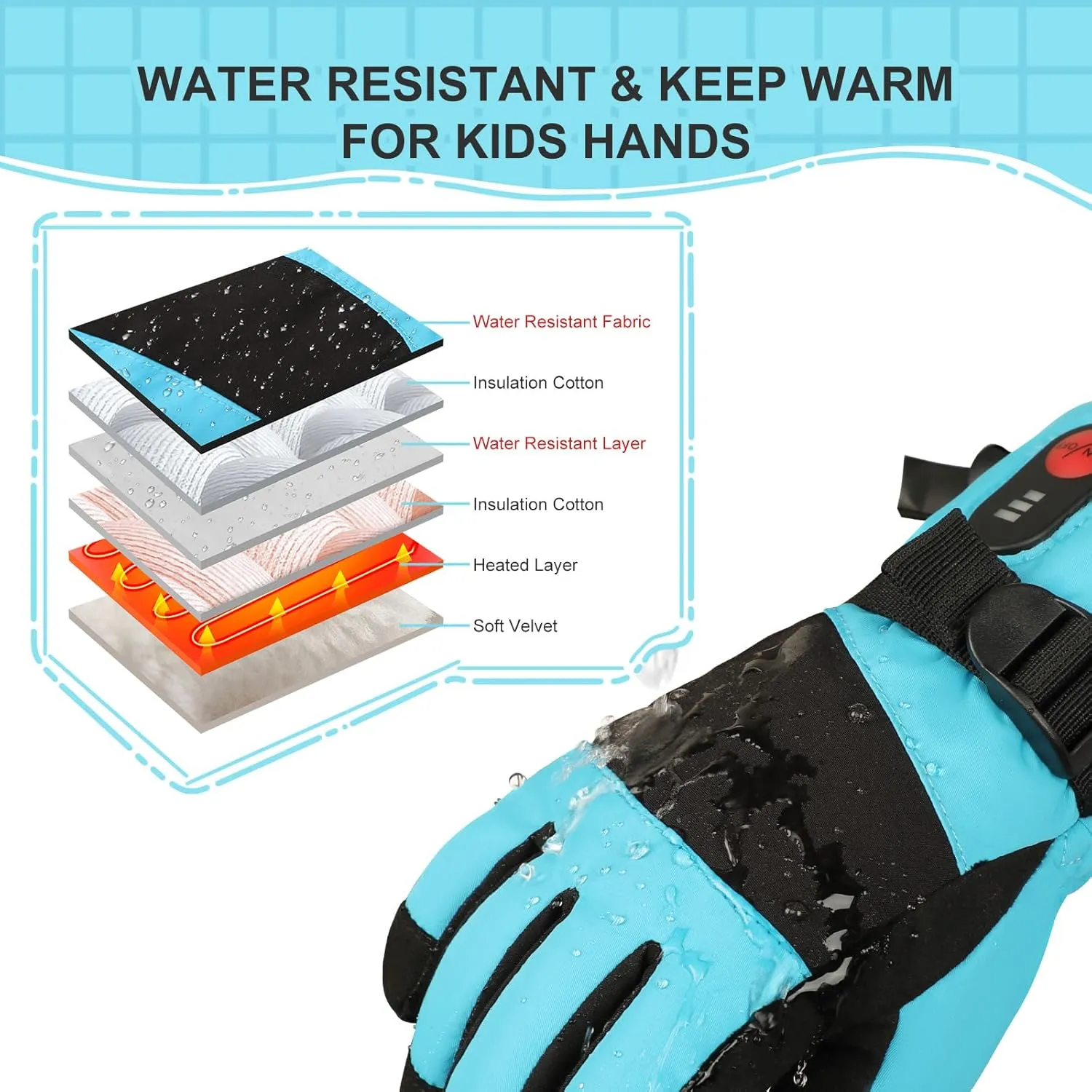 Kids Heated Ski Gloves, 3-Heat Settings, Rechargeable, Water Resistant, Windproof, Ideal for Skiing, Snowball Fights, Cycling