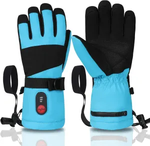 Kids Heated Ski Gloves, 3-Heat Settings, Rechargeable, Water Resistant, Windproof, Ideal for Skiing, Snowball Fights, Cycling