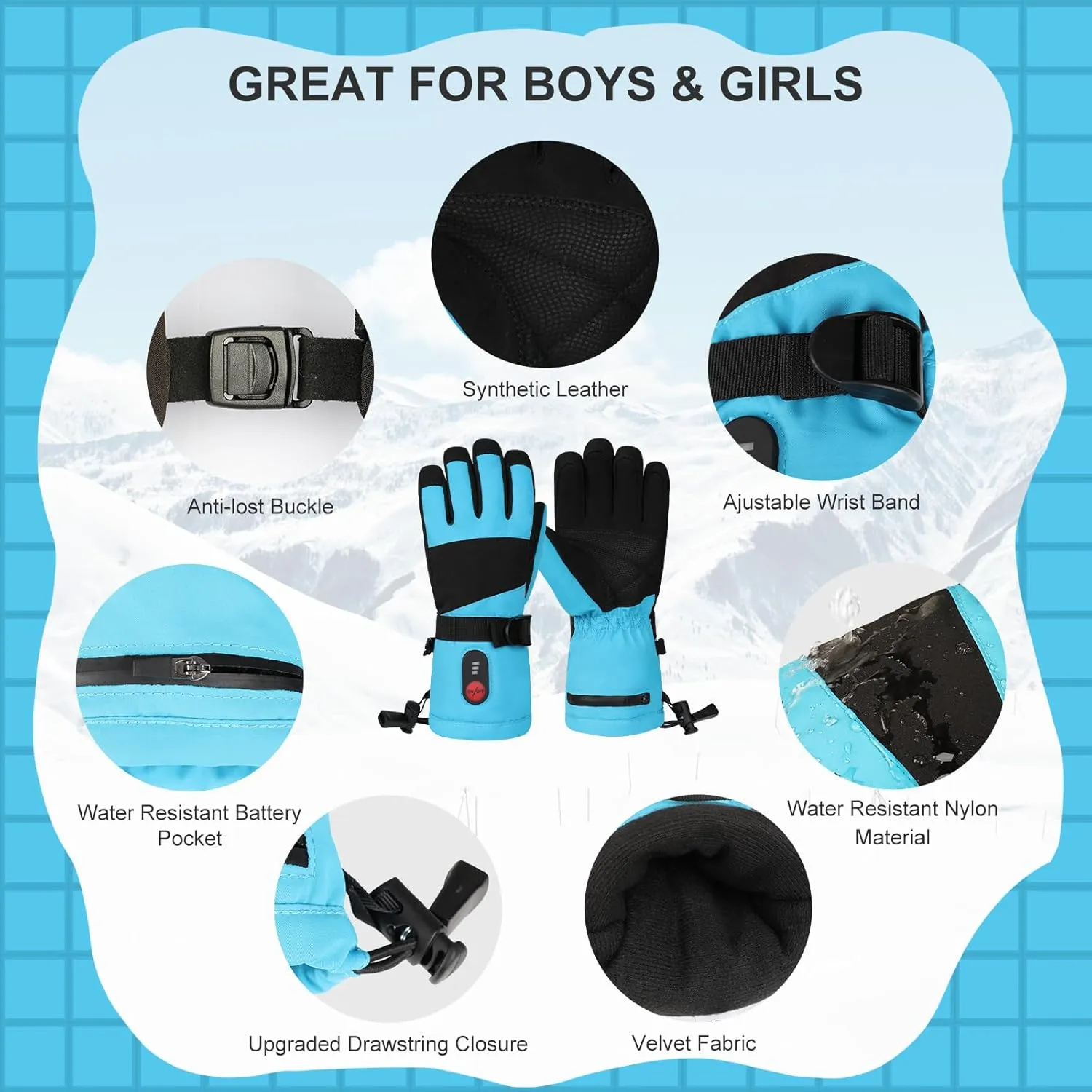 Kids Heated Ski Gloves, 3-Heat Settings, Rechargeable, Water Resistant, Windproof, Ideal for Skiing, Snowball Fights, Cycling