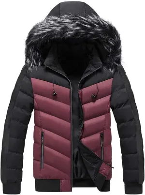 Mens Hooded Puffer Jacket Quilted Winter Warm Thicken Down Coat Faux Fur Collar Ski Parka Outwear with Removable Hood