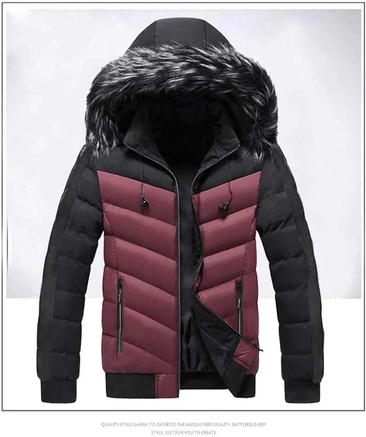 Mens Hooded Puffer Jacket Quilted Winter Warm Thicken Down Coat Faux Fur Collar Ski Parka Outwear with Removable Hood
