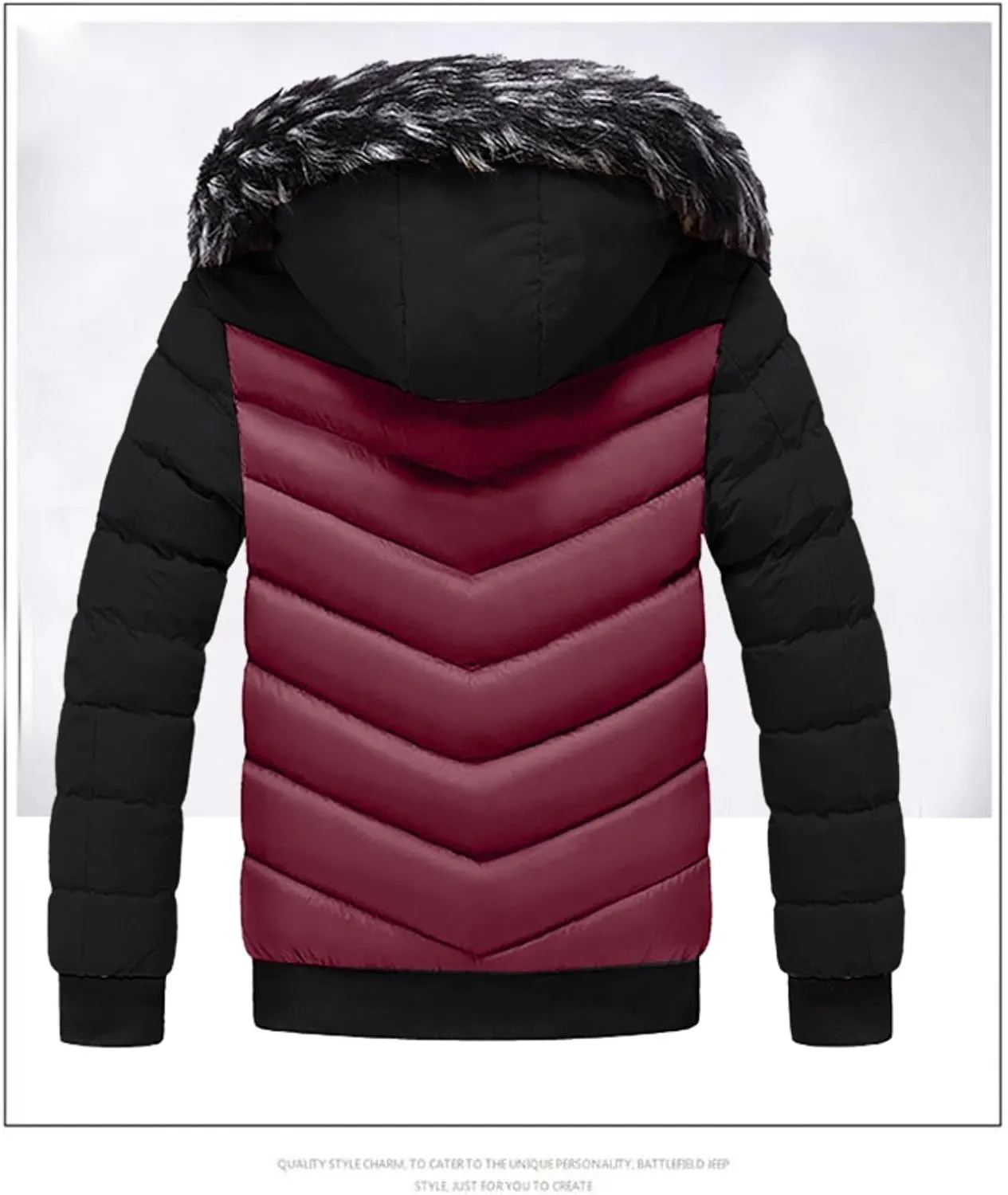 Mens Hooded Puffer Jacket Quilted Winter Warm Thicken Down Coat Faux Fur Collar Ski Parka Outwear with Removable Hood