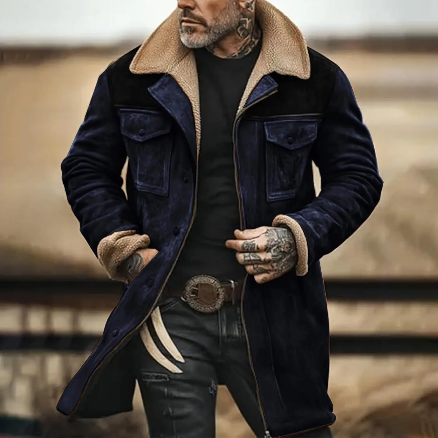 Men'S Vintage Suede Jacket Plush Reversed Collar Faux Jacket Men Zip Up Multi-Pocket Motorcycle Retro Jacket Coats