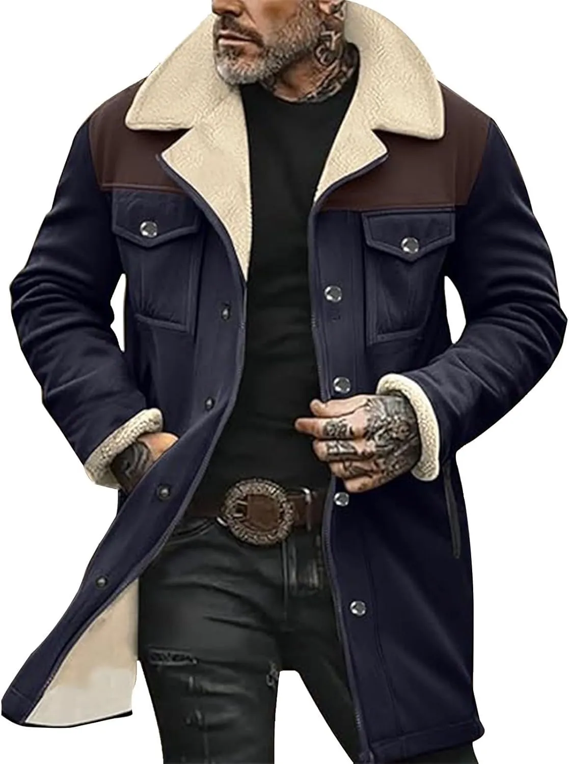 Men'S Vintage Suede Jacket Plush Reversed Collar Faux Jacket Men Zip Up Multi-Pocket Motorcycle Retro Jacket Coats