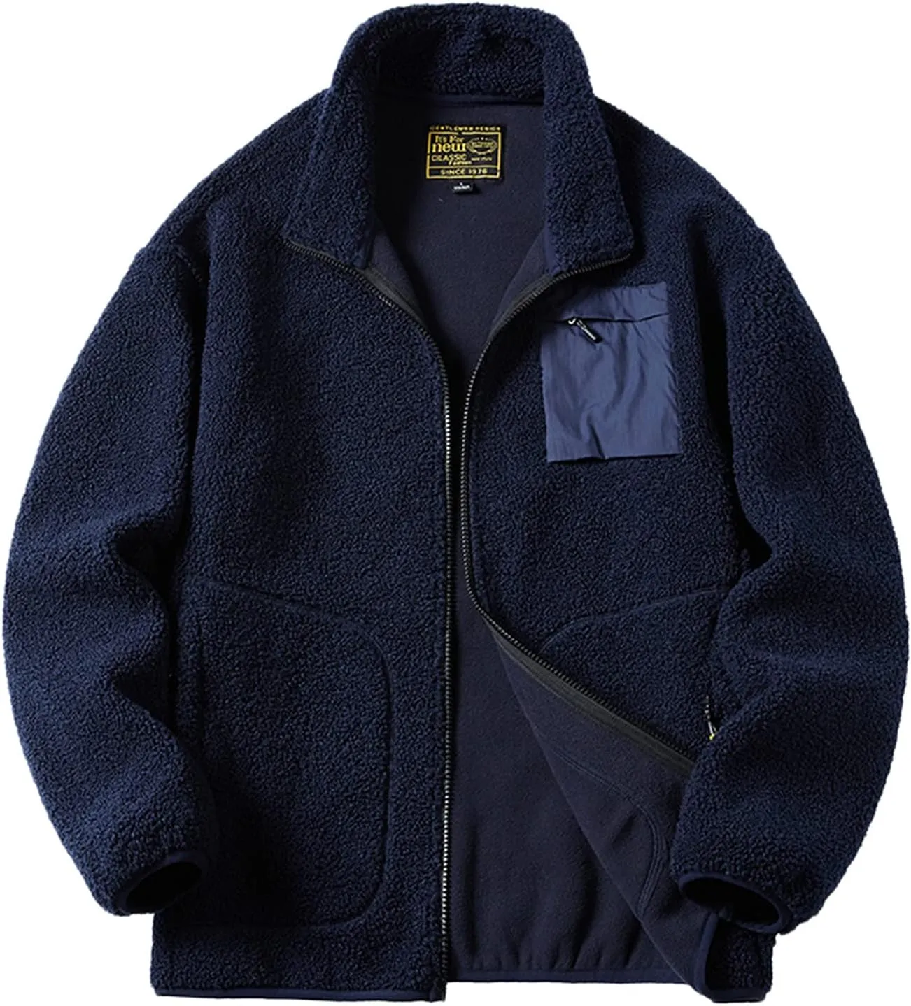 MIDOO Mens Zip Up Fleece Jacket No Hood Outdoor Warm Plus Size Pocket Zipper Lapel Cardigan Jacket Coats for Men Tall