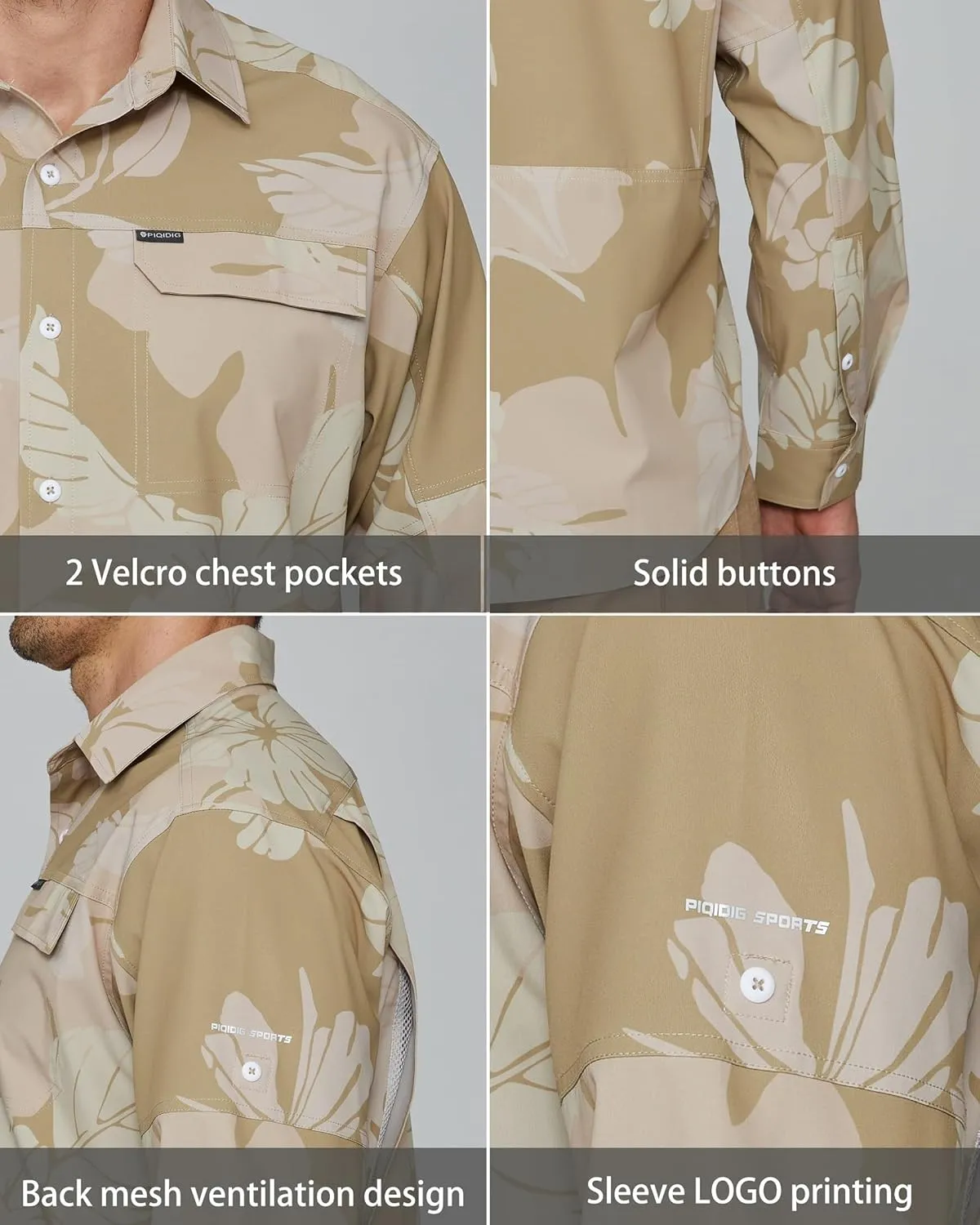 PIQIDIG Men's Long Sleeve Sun Protection Shirts UPF 50  Quick Dry Button Down Shirts Hiking Fishing Camping Travel Work